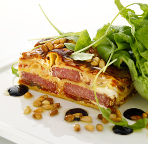 Lasagne med salami och ruccola