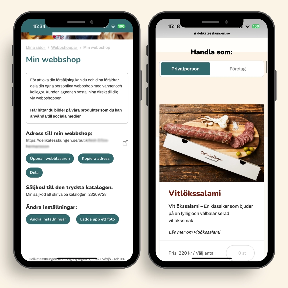 Hos Delikatesskungen har kontaktpersonen och varje deltagare en egen personlig webbshop.