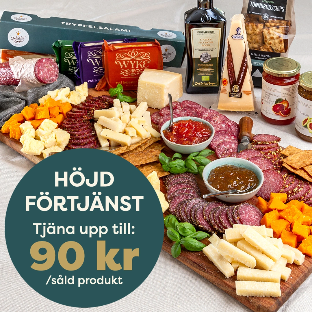 Delikatesskungens goda sortiment och bubbla med info om höjd intjäning
